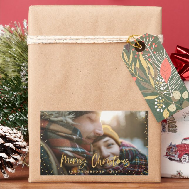 Pegatina Rectangular Guión dorado alegre estrellas navideñas foto elega (Vacaciones)