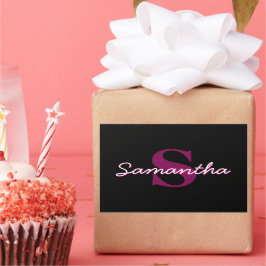 Pegatina Rectangular Guión monograma rosa y negro de Personalizable cor