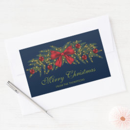 Pegatina Rectangular Guirnalda de Navidad con un lazo rojo y adornos