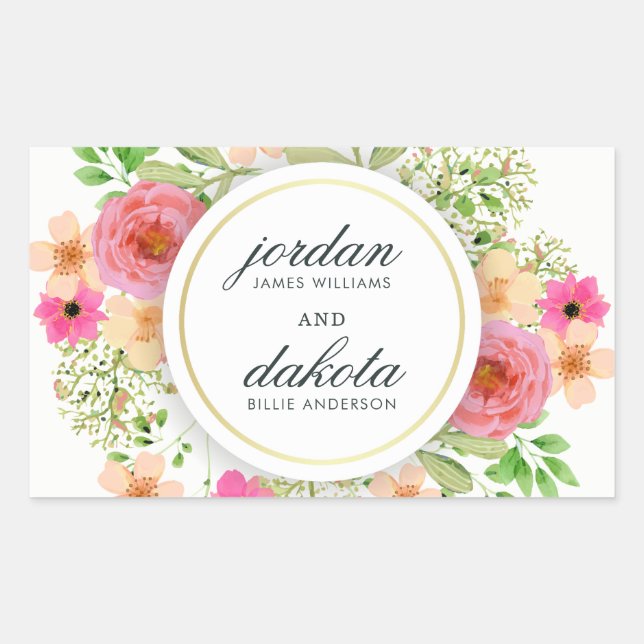 Pegatina Rectangular Guirnalda floral elegante | Boda de tipografía mod (Anverso)