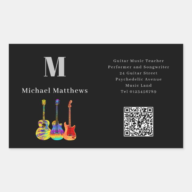 Pegatina Rectangular Guitar Teacher Music Lessons QR Code (Anverso)