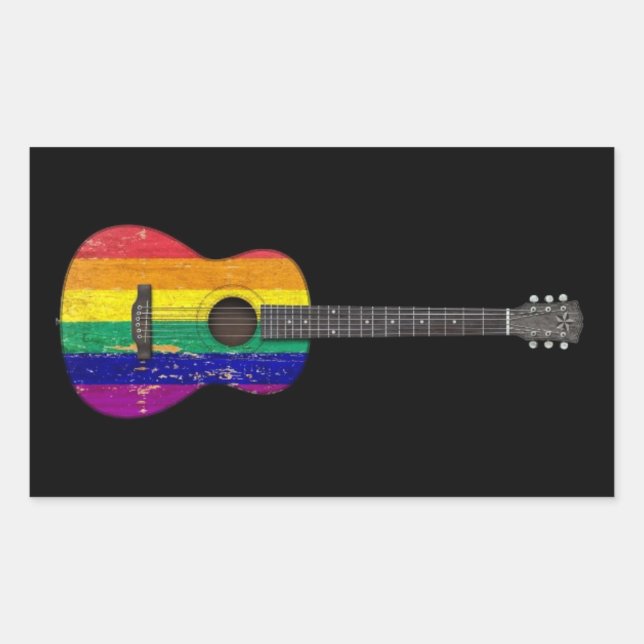 Pegatina Rectangular Guitarra acústica de la bandera del orgullo gay en (Anverso)