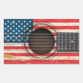 Pegatina Rectangular Guitarra acústica vieja con la bandera americana