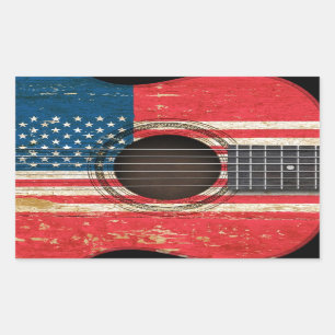 Pegatina Rectangular Guitarra acústica vieja con la bandera americana