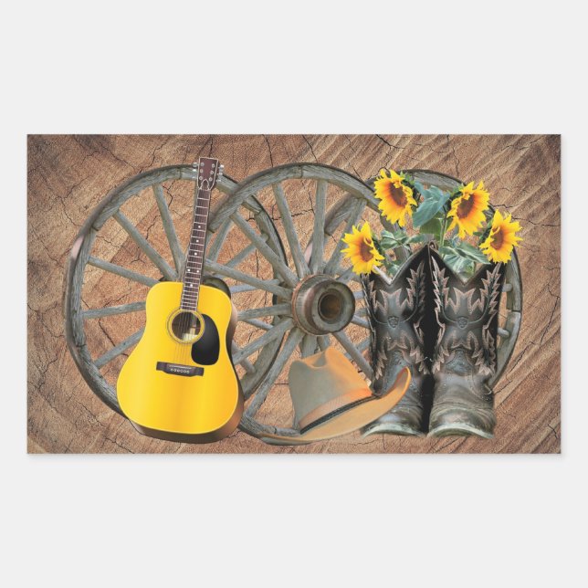 Pegatina Rectangular Guitarra de la rueda del oeste botas de Cowboy gir (Anverso)