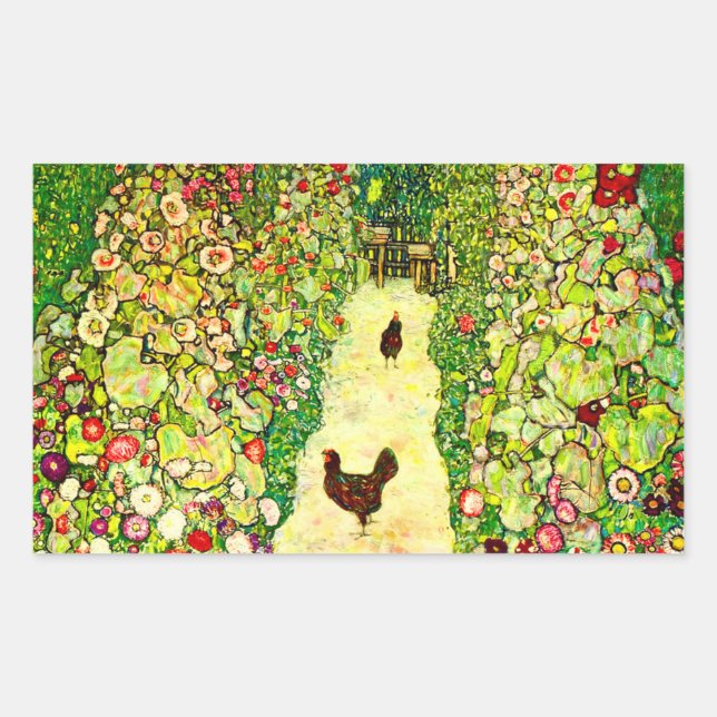 Pegatina Rectangular Gustav Klimt Garden con pollos (Anverso)
