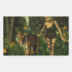 Pegatina Rectangular Hadas y tigres en la jungla