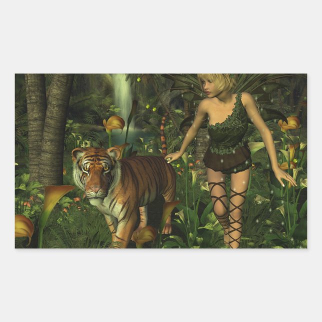 Pegatina Rectangular Hadas y tigres en la jungla (Anverso)