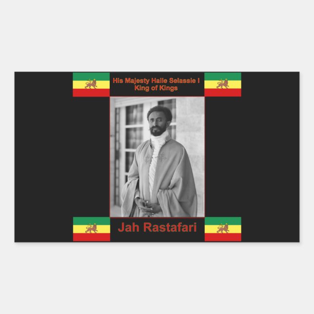 Pegatina Rectangular Haile Selassie, león de Judá, Jah Rastafari (Anverso)