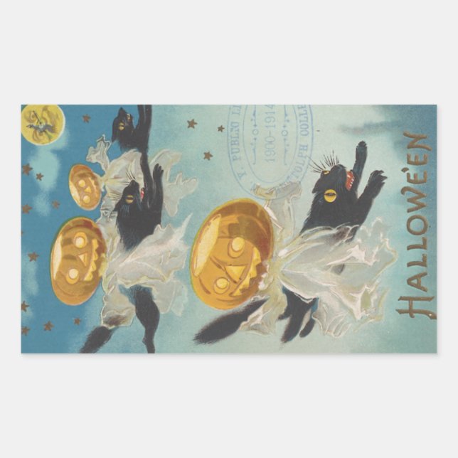 Pegatina Rectangular Halloween Black Cats & Pumpkin Ghosts Vintage (Anverso)