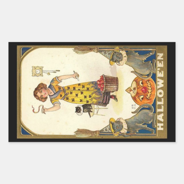Pegatina Rectangular Halloween Black Cats Pumpkin Witch Vintage (Anverso)