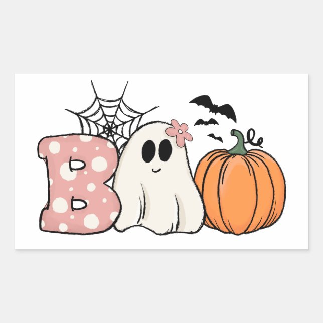 Pegatina Rectangular Halloween Boo Ghost Pumpkin Bats Cobweb (Anverso)
