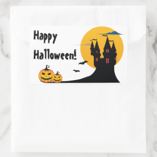 Pegatina Rectangular Halloween - Castillo, Luna Llena, Murciélagos y Ca