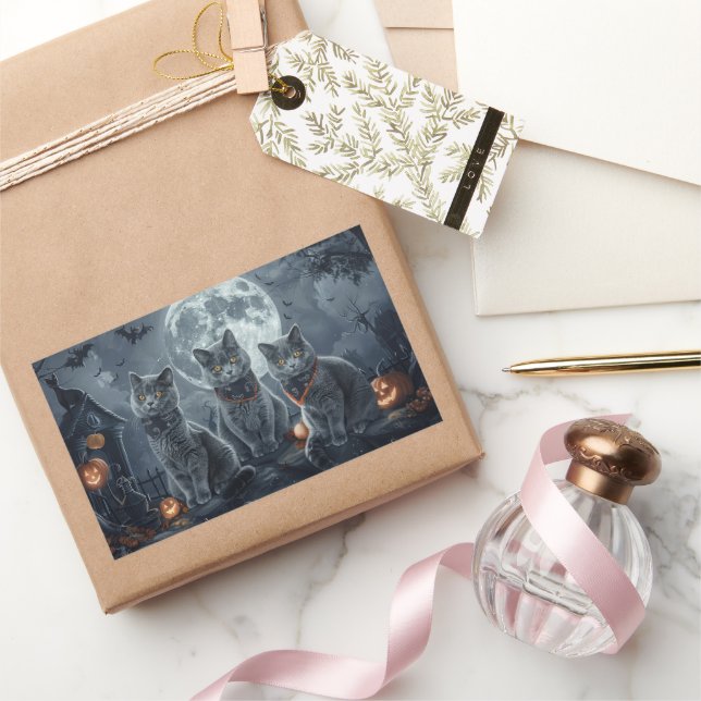 Pegatina Rectangular Halloween de gatos azules rusos espeluznante (Regalar)