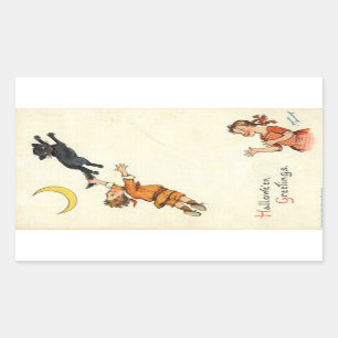 Pegatina Rectangular Halloween Greetings Boy Black Cat Tail Vintage