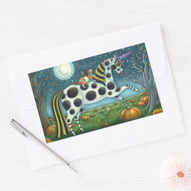 Pegatina Rectangular HALLOWEEN PONY Y BAT CAT Whimsical Horse (Sobre)