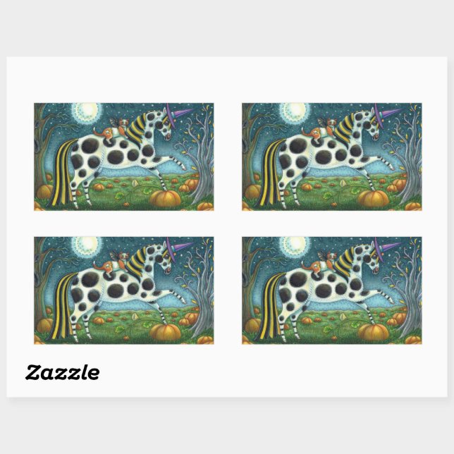 Pegatina Rectangular HALLOWEEN PONY Y BAT CAT Whimsical Horse (Hoja)