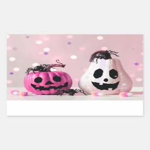 Pegatina Rectangular Halloween, Purpurina rosa calabaza
