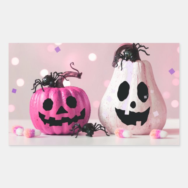 Pegatina Rectangular Halloween, Purpurina rosado de calabaza (Anverso)