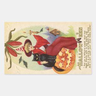 Pegatina Rectangular Hallowe'en Red Witch and Black Cat Vintage