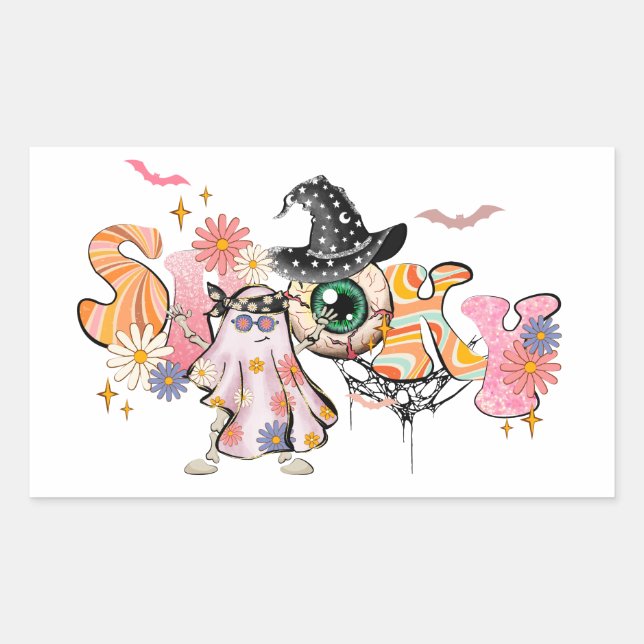 Pegatina Rectangular Halloween retro fantasmal (Anverso)