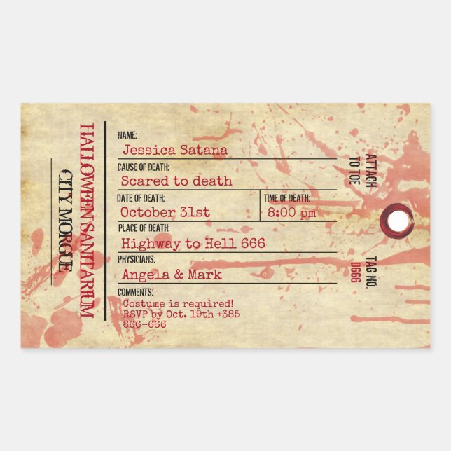 Pegatina Rectangular Halloween Toe Tag Haunted Sanitarium Fiesta (Anverso)