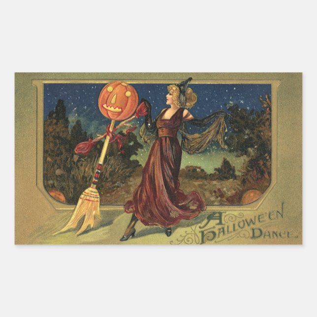 Pegatina Rectangular Halloween Vintage, Bruja Bailarina Hermosa (Anverso)