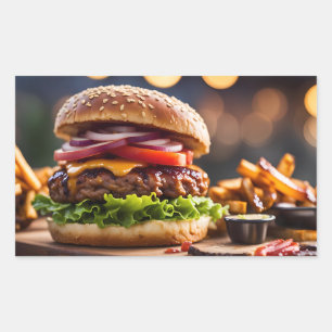 Pegatina Rectangular Hamburguesa con queso y patatas fritas