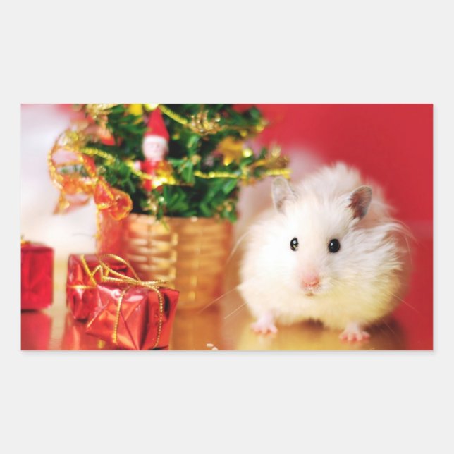 Pegatina Rectangular Hamster Kokolinka con árbol de Navidad (Anverso)