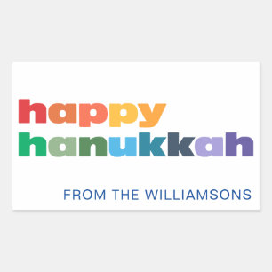 Pegatina Rectangular Hanukkah Feliz Tipografía Arcoíris Simple Personal