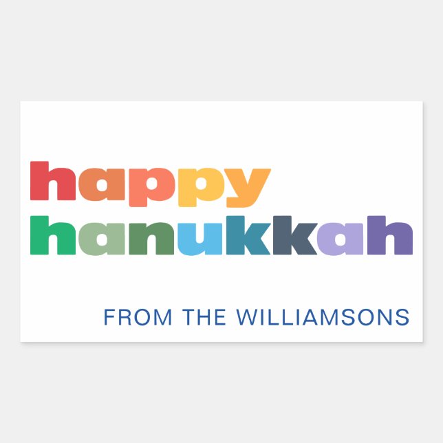Pegatina Rectangular Hanukkah Feliz Tipografía Arcoíris Simple Personal (Anverso)