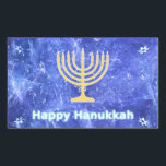 Pegatina Rectangular Hanukkah Snowstorm Menorah<br><div class="desc">Un brillante oro Hanukkah menorah y "Happy Hanukkah" en un brillante texto azul y blanco superpuesto en una imagen fractal azul y blanco que recuerda a copos de nieve en una tormenta. ¡Chag Sameach!</div>