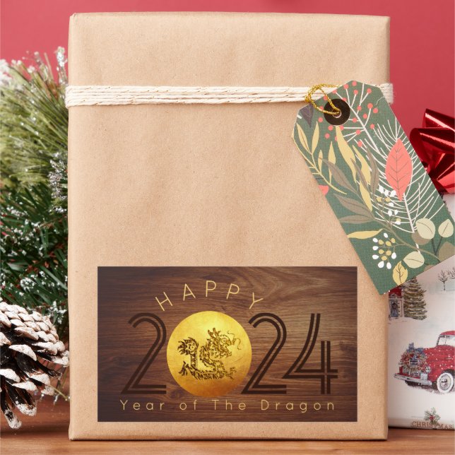Pegatina Rectangular Happy Chinese Wood Dragon New Year 2024 RecS (Vacaciones)