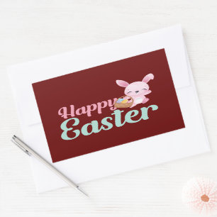 Pegatina Rectangular HAPPY EASTER divertido conejito de Pascua
