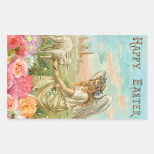 Pegatina Rectangular Happy Easter Typography Vintage Angel Lamb