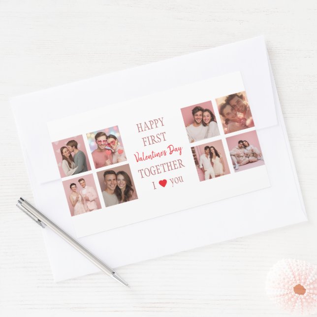 Pegatina Rectangular Happy First Valentine's Day Together Sticker Photo (Sobre)