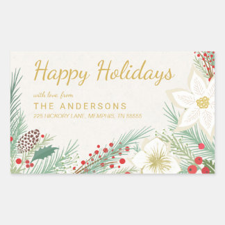 Pegatina Rectangular Happy Holidays Poinsettia Foliage Return Address