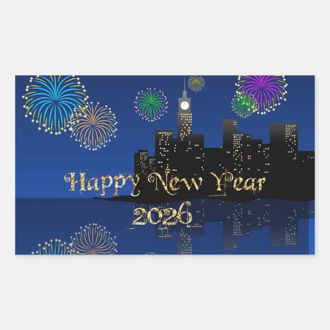 Pegatina Rectangular Happy New Year’s Eve Midnight Fireworks City Light (Anverso)