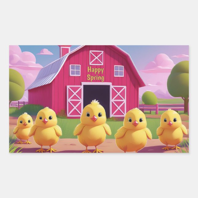 Pegatina Rectangular Happy Spring Chicks in Barnyard (Anverso)
