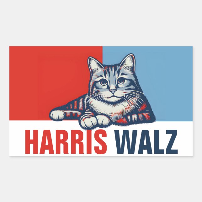 Pegatina Rectangular Harris Walz 2024 Obviamente gato azul rojo (Anverso)