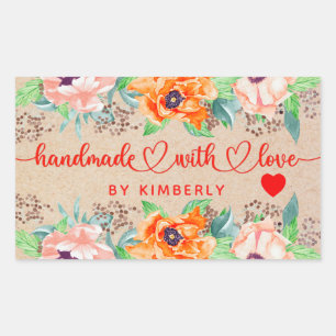Pegatina Rectangular Hecho a mano con Love Floral