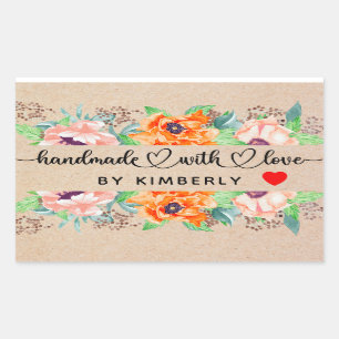 Pegatina Rectangular Hecho a mano con Love Floral