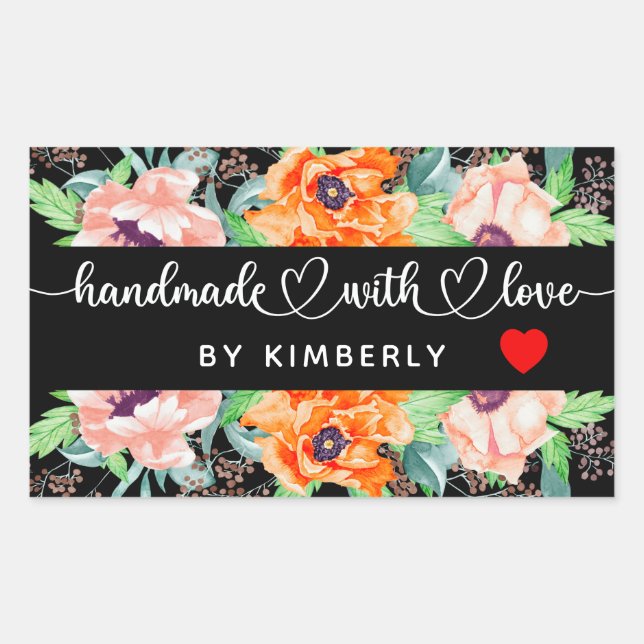Pegatina Rectangular Hecho a mano con Love Floral Black (Anverso)