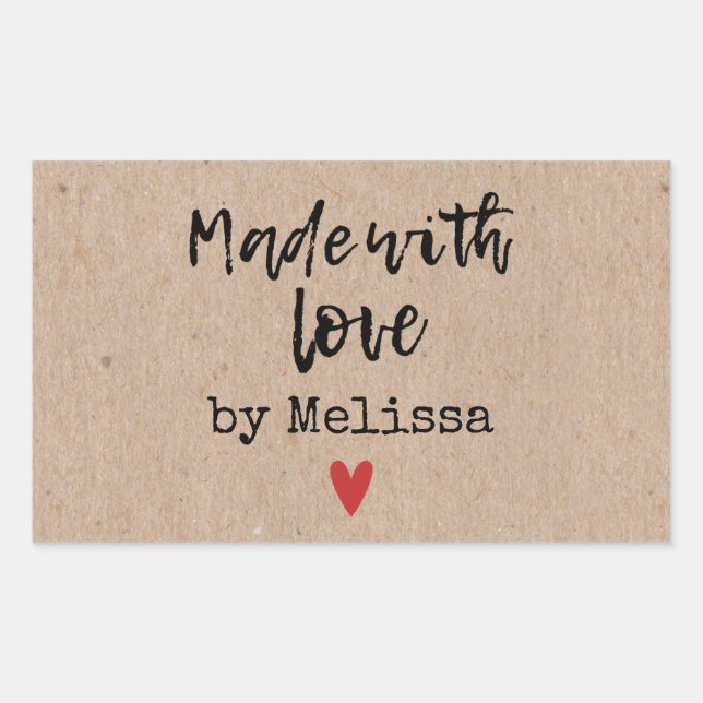 Pegatina Rectangular Hecho con amor Kraft (Anverso)