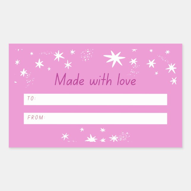 Pegatina Rectangular Hecho con amor rosa y estrellas (Anverso)