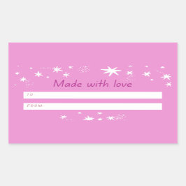 Pegatina Rectangular Hecho con amor rosa y estrellas