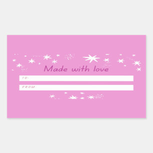 Pegatina Rectangular Hecho con amor rosa y estrellas
