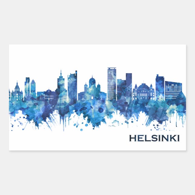 Pegatina Rectangular Helsinki Finlandia Skyline Blue (Anverso)