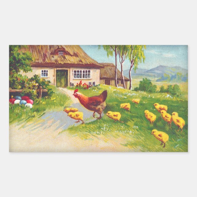 Pegatina Rectangular Hen, pollos y huevos de Pascua (Anverso)