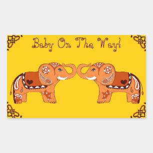 Pegatina Rectangular Henna Elephant (Naranja/Rojo) (Baby Shower)